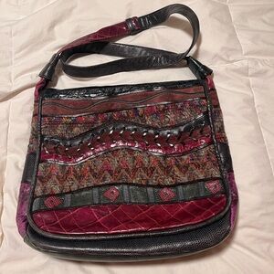 Vintage Sharif Navy, Burgundy & Green Patchwork Leather & Tapestry Shoulder Bag